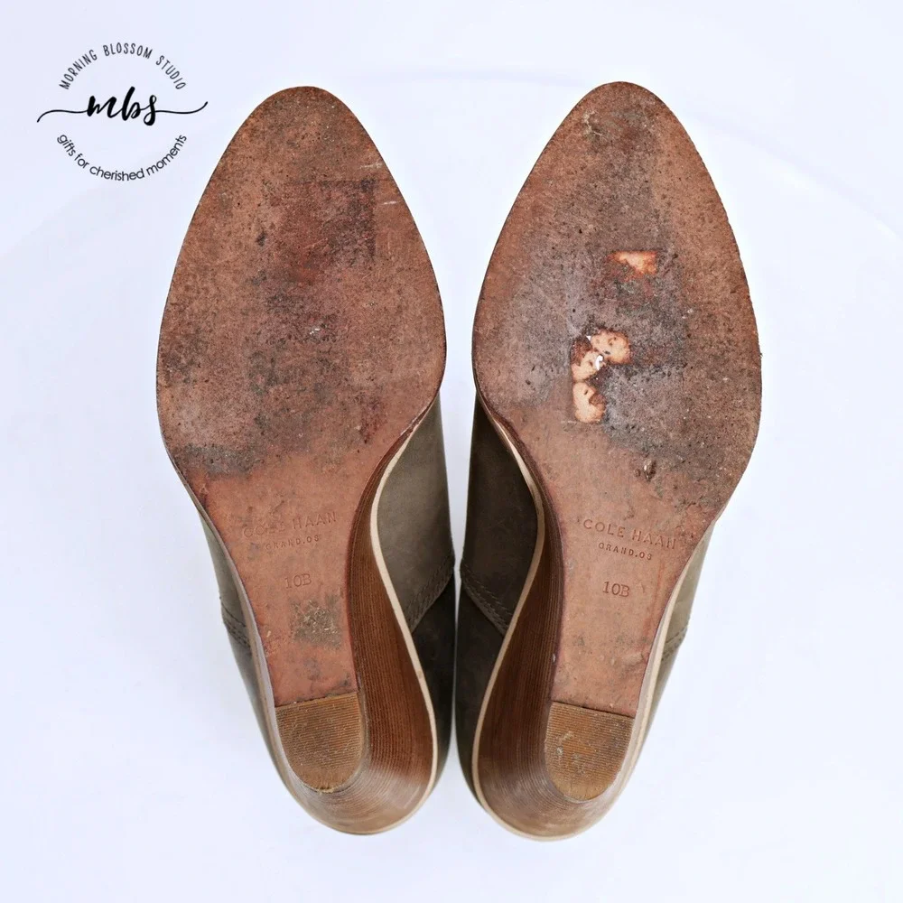 Cole Haan Balthasar Leather Stacked Wedge Booties Gray Tan‎ Women 10